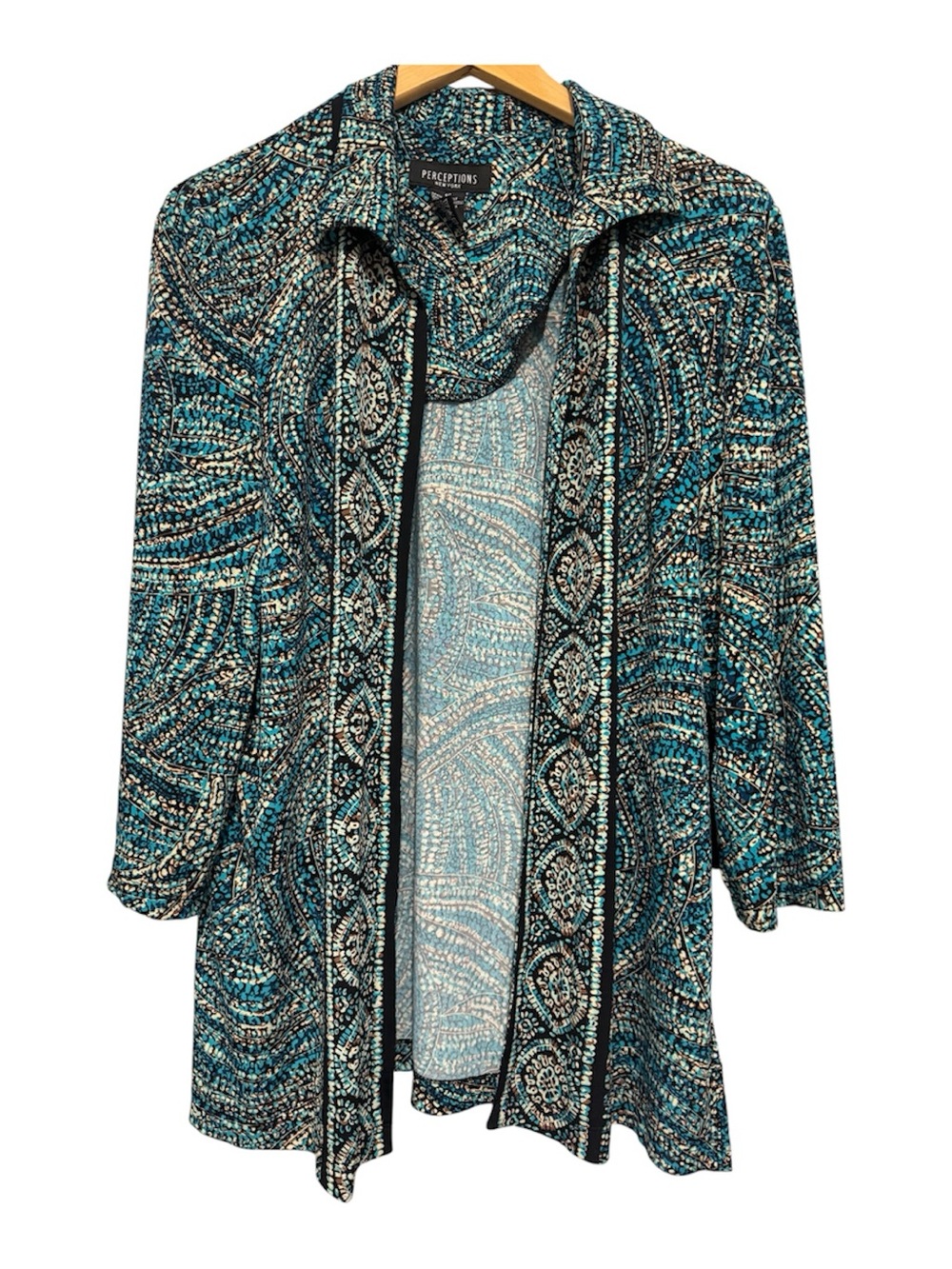 Perceptions Teal and Navy Abstract Print Cardigan - Picture 2 of 4